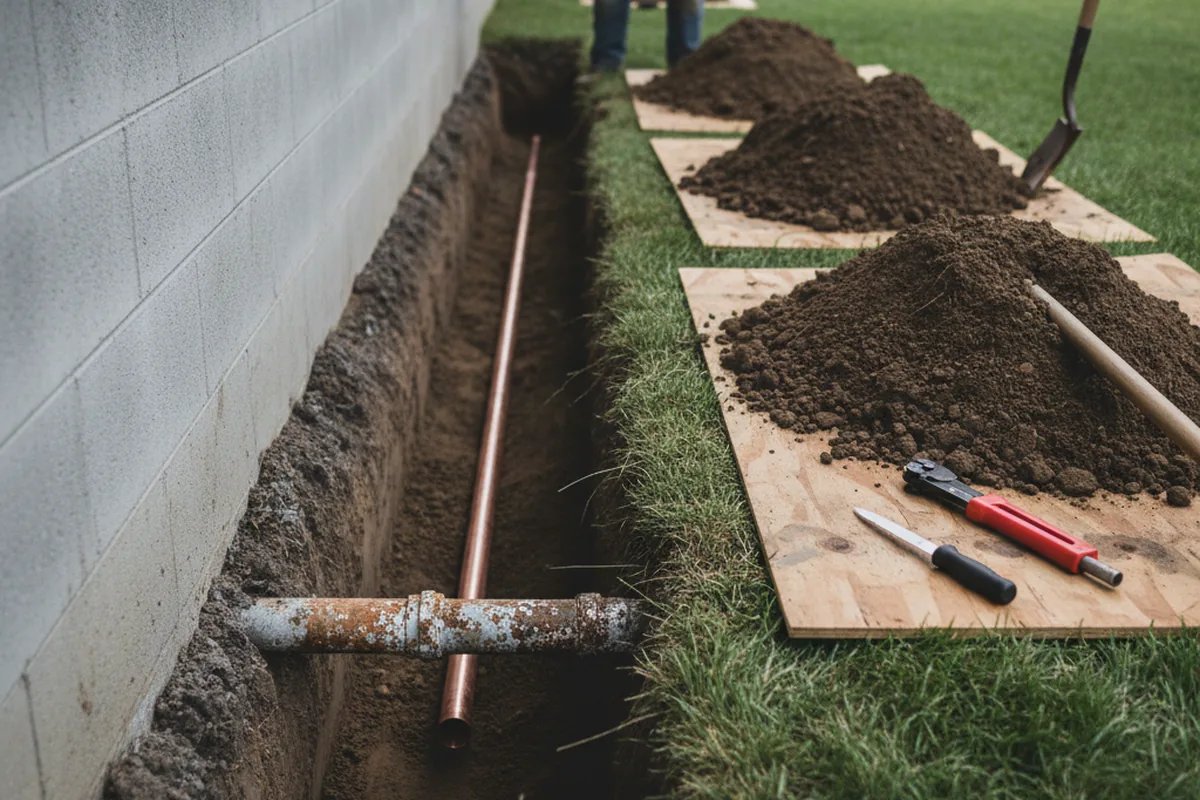 Excavated water line trench during Water Heater Repair in Hamilton
